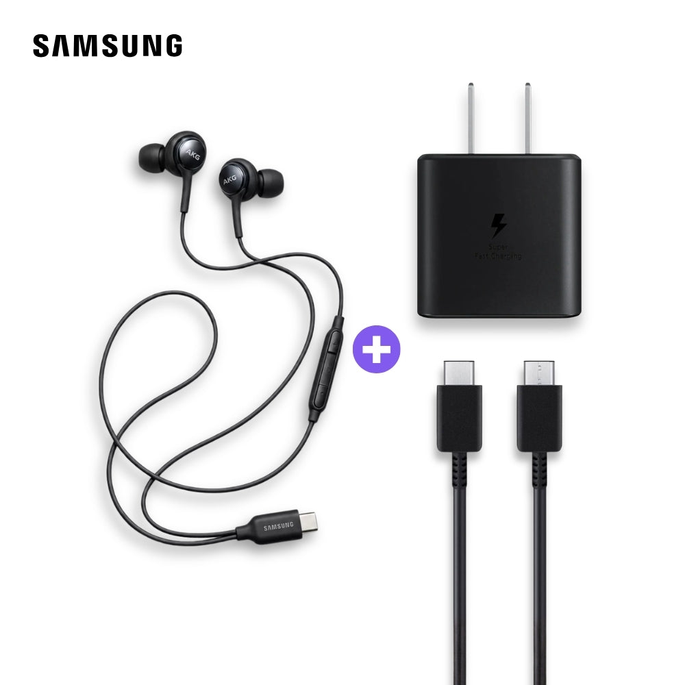 Cargador Samsung 60W con Cable USB-C 1 m y Audífonos AKG Negro