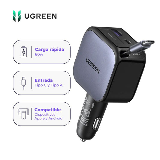 Cargador de Carro UGREEN Nexode 60W con Cable USB-C Retráctil