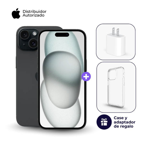 Celular iPhone 15 128GB Color Negro + Cargador Apple iPhone Tipo C de 20W + Case