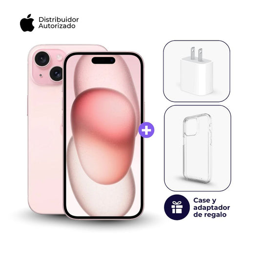 Celular iPhone 15 128GB Color Rosa + Cargador Apple iPhone Tipo C de 20W + Case