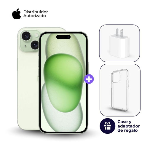 Celular iPhone 15 128GB Color Verde + Cargador Apple iPhone 20w + Case