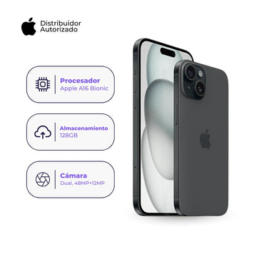 Celular iPhone 15 128GB Color Negro + Cargador Apple iPhone Tipo C de 20W + Case