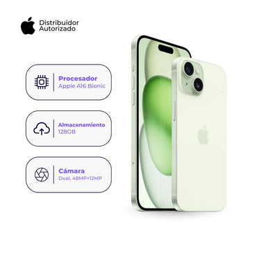 Celular iPhone 15 128GB Color Verde + Cargador Apple iPhone 20w + Case