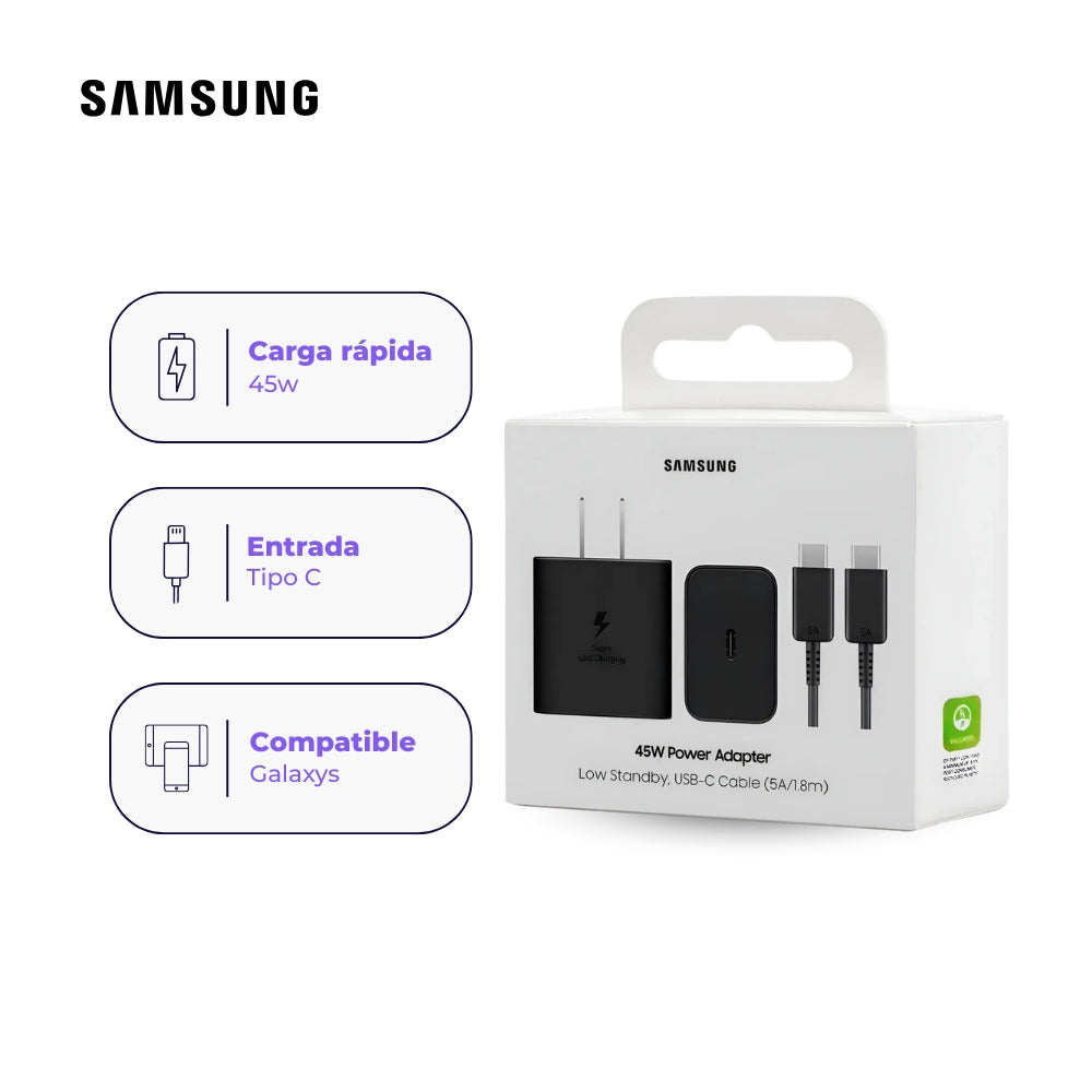 Cargador de Pared Samsung Original USB-C 45W de Carga Rápida con Cable