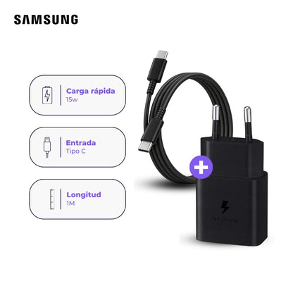 Cargador Samsung USB-C 15W y Cable USB-C a USB-C 1 m Negro