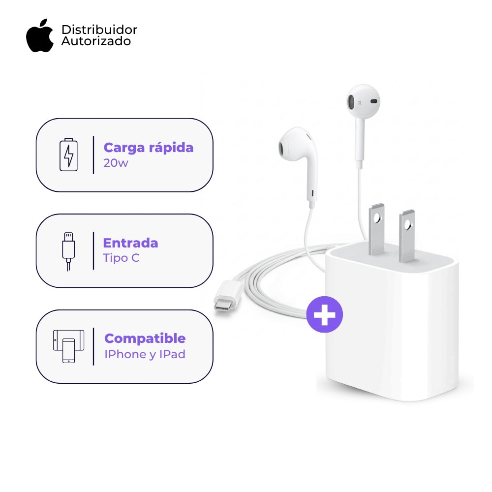 Cargador Apple 20W y Audífonos EarPods USB-C Blanco