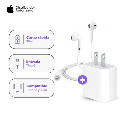 Cargador Apple 20W y Audífonos EarPods USB-C Blanco