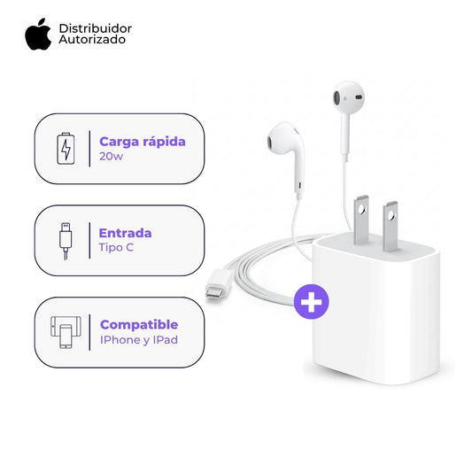 Cargador Apple 20W y Audífonos EarPods USB-C Blanco