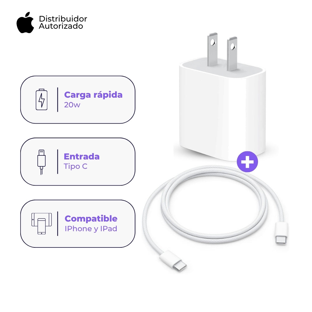 Cargador Apple 20W y Cable USB-C Trenzado 1 m 60W Blanco