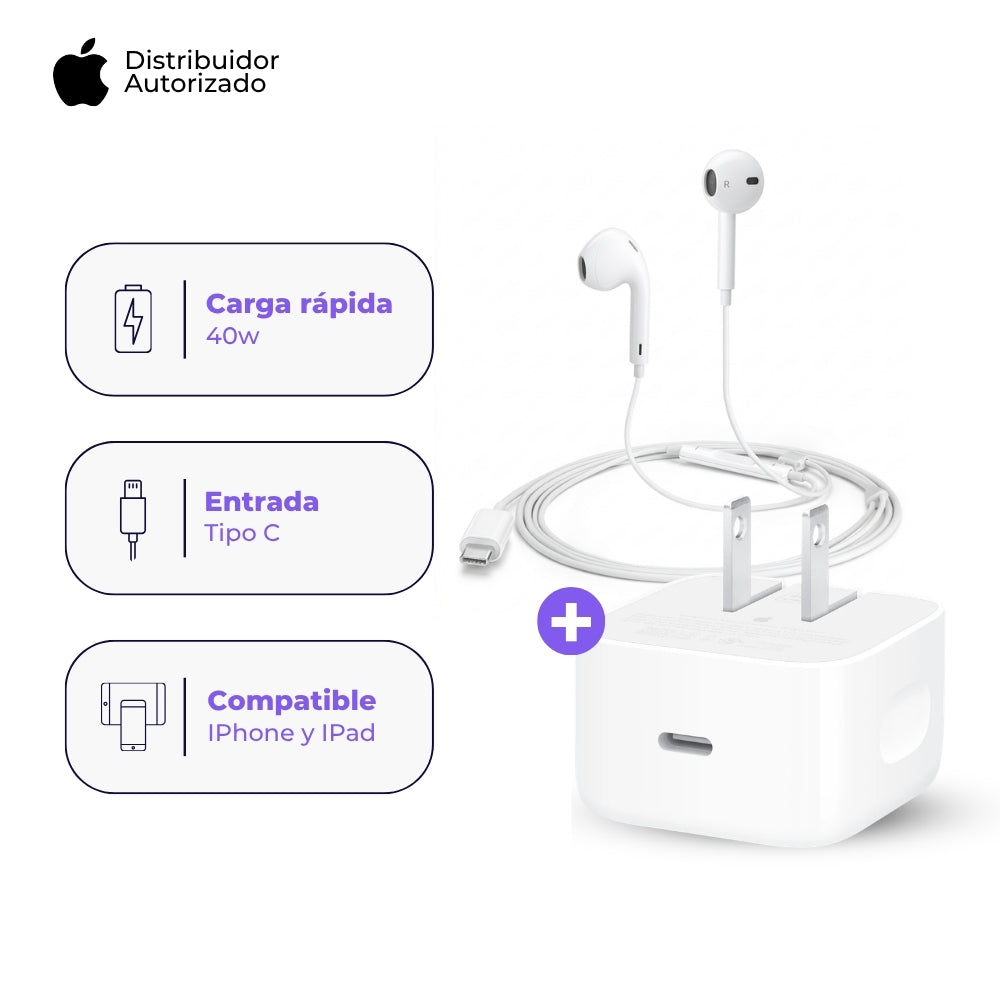 Cargador Apple USB-C 40W y Audífonos EarPods USB-C Blanco