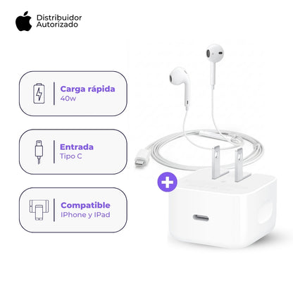 Cargador Apple USB-C 40W y Audífonos EarPods USB-C Blanco