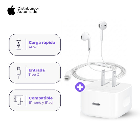 Cargador Apple USB-C 40W y Audífonos EarPods USB-C Blanco