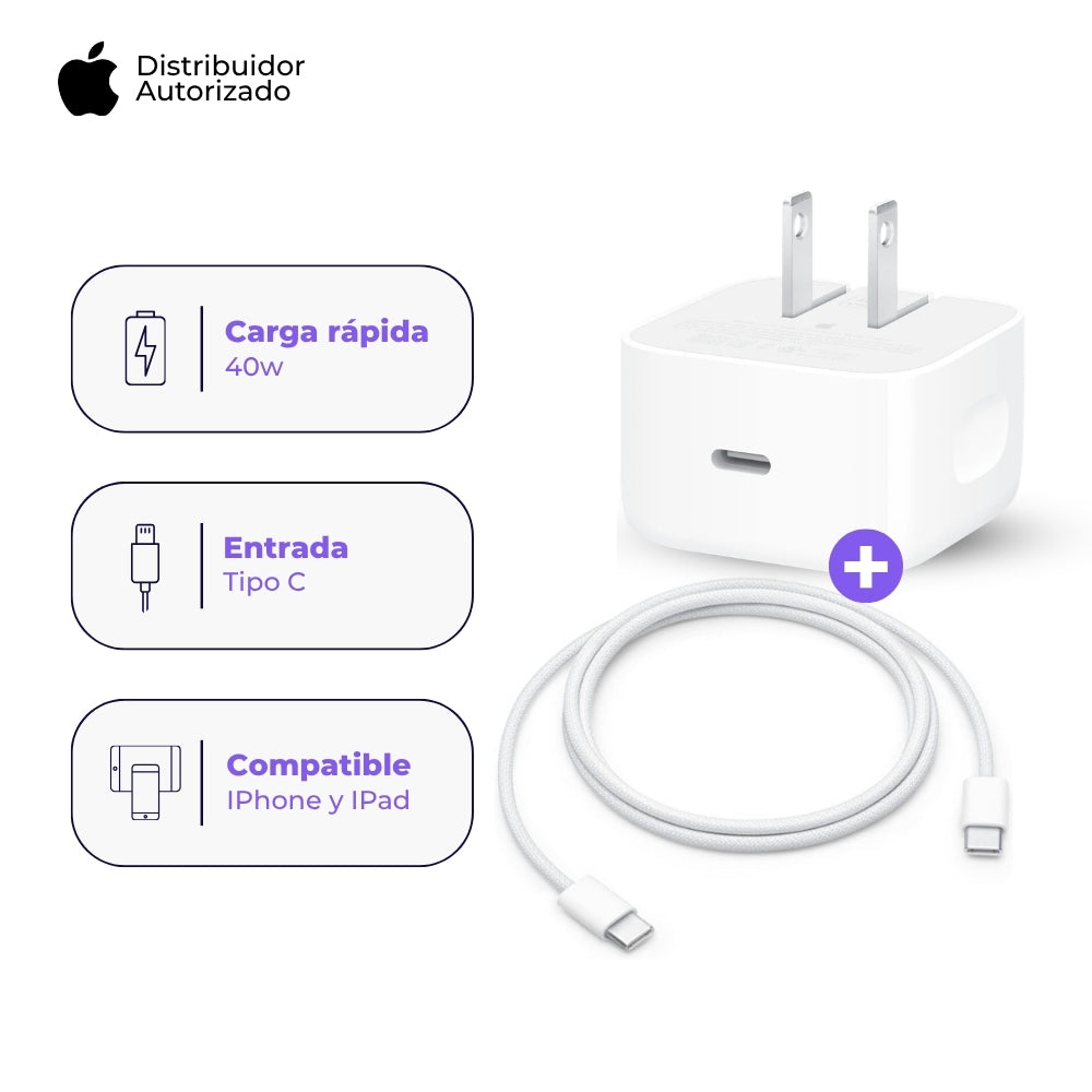 Cargador Apple USB-C 40W y Cable USB-C Trenzado 1 m 60W Blanco