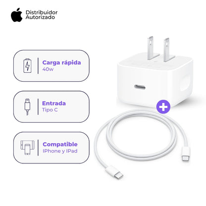 Cargador Apple USB-C 40W y Cable USB-C Trenzado 1 m 60W Blanco