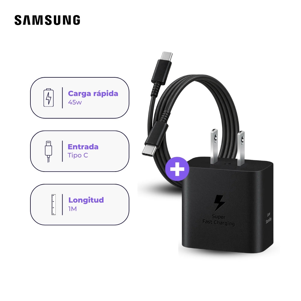 Cargador Samsung USB-C 45W y Cable USB-C a USB-C 1 m Negro