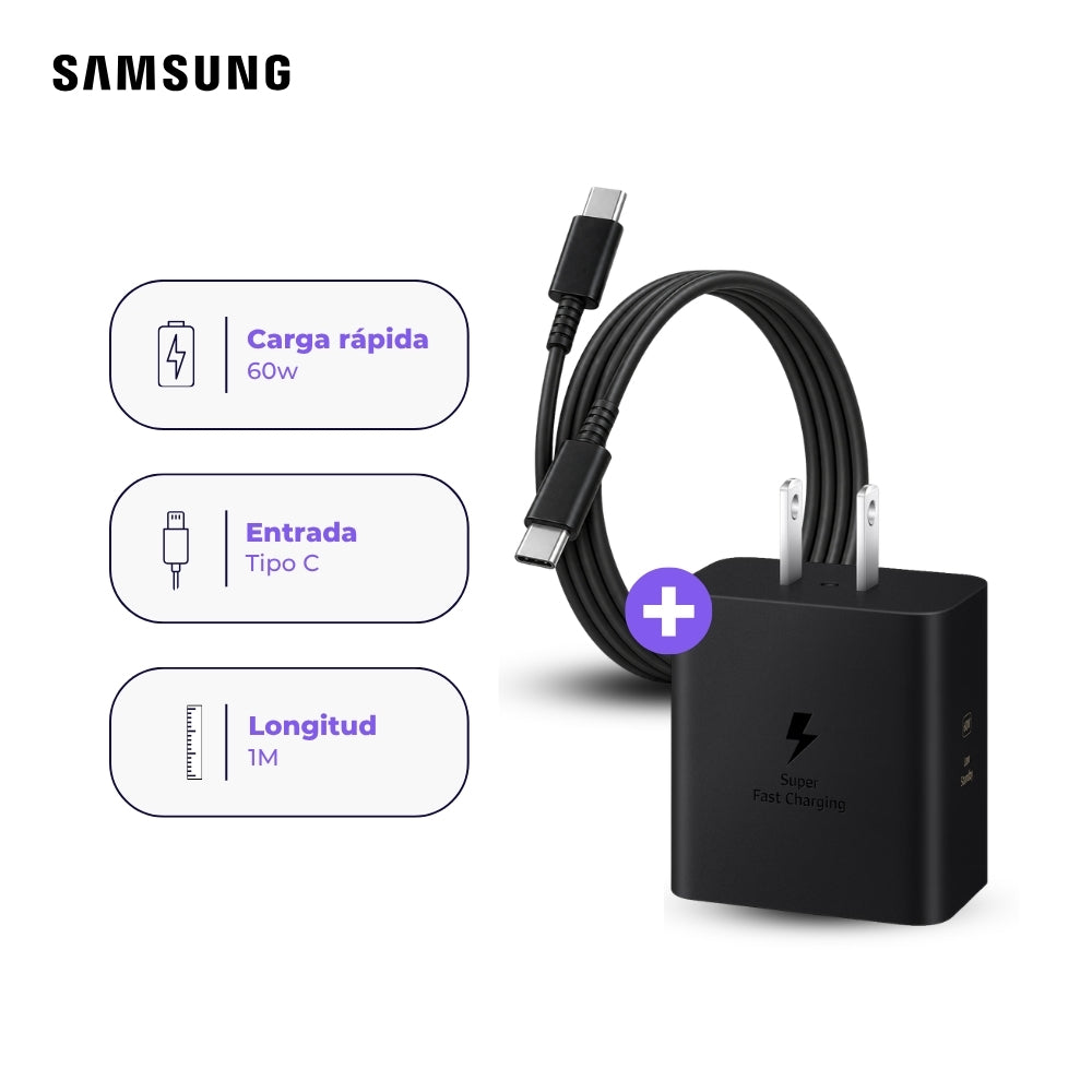 Cargador Samsung USB-C 60W y Cable USB-C a USB-C 1 m Negro