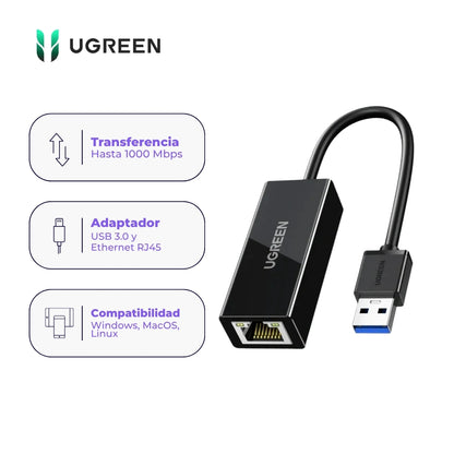 Adaptador UGREEN CR111 USB 3.0 a RJ45 Ethernet Gigabit Negro