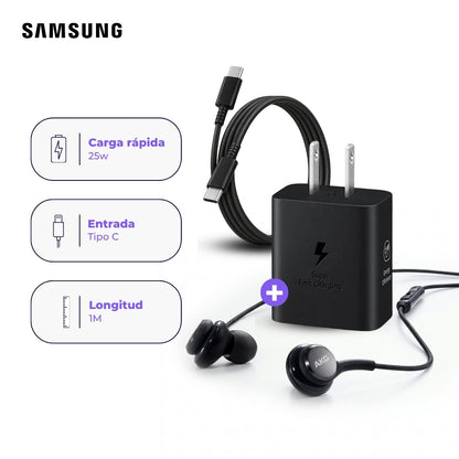 Cargador Samsung 25W con Cable USB-C 1 m y Audífonos AKG Negro