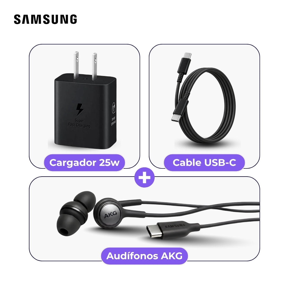 Cargador Samsung 25W con Cable USB-C 1 m y Audífonos AKG Negro