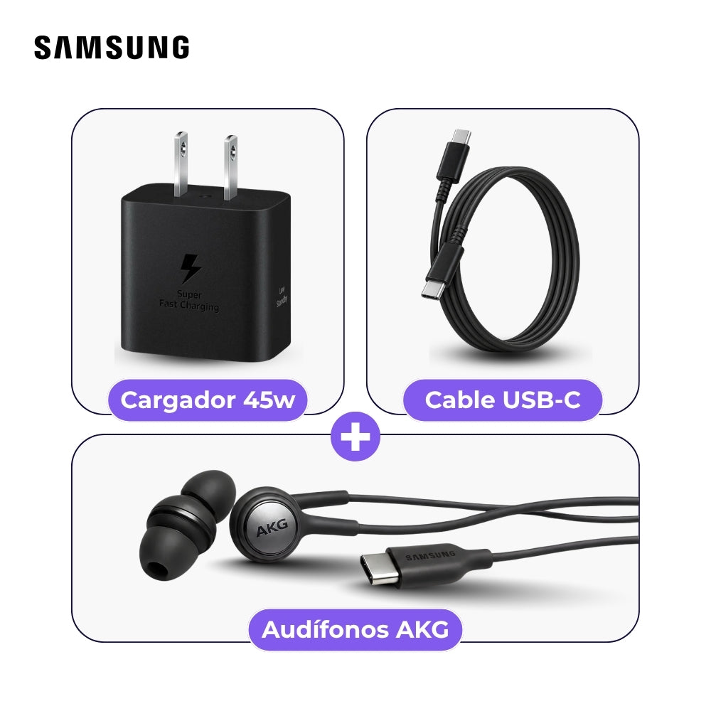 Cargador Samsung 45W con Cable USB-C 1 m y Audífonos AKG Negro