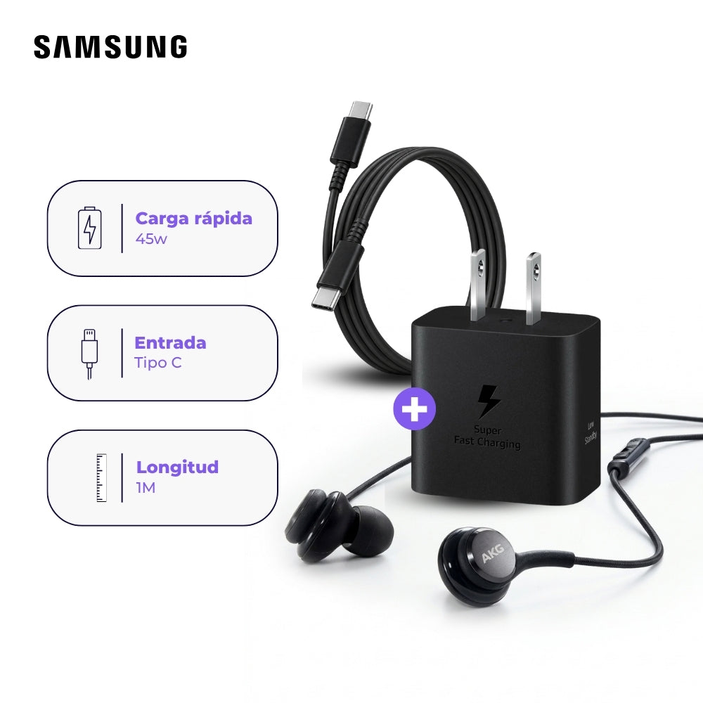 Cargador Samsung 45W con Cable USB-C 1 m y Audífonos AKG Negro