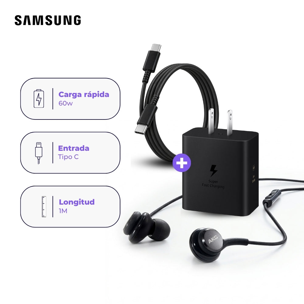 Cargador Samsung 60W con Cable USB-C 1 m y Audífonos AKG Negro