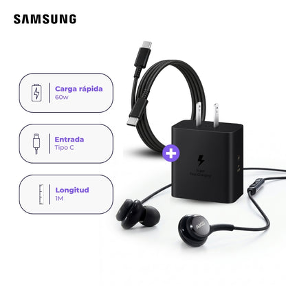 Cargador Samsung 60W con Cable USB-C 1 m y Audífonos AKG Negro