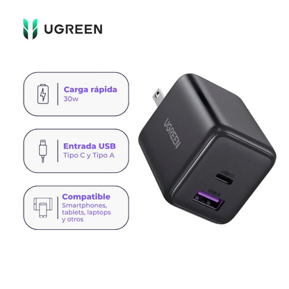 Cargador UGREEN X516 30W GaN USB-C + USB-A Carga Rápida Space Gray