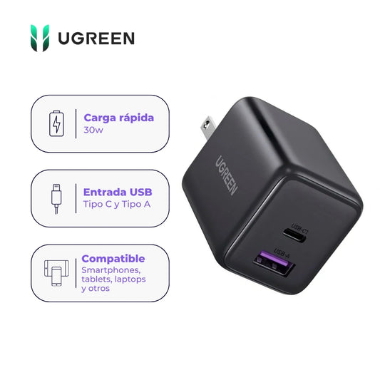Cargador UGREEN X516 30W GaN USB-C y USB-A Carga Rápida Space Gray