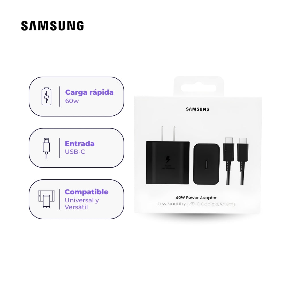 Cargador Samsung 60W Super Carga Rápida Original USB-C Negro con Cable