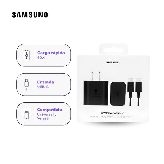 Cargador Samsung 60W Super Carga Rápida Original USB-C Negro con Cable