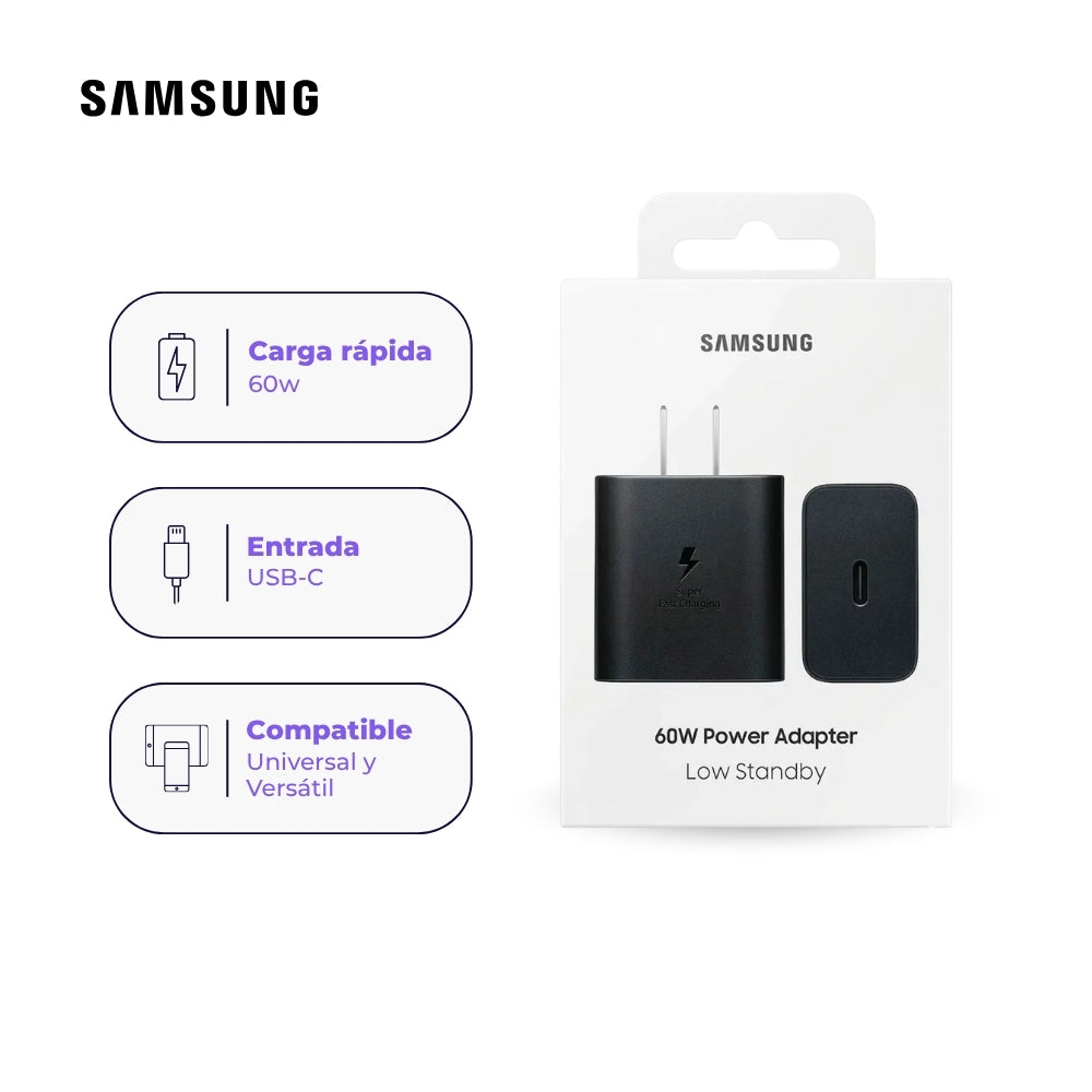 Cargador Samsung 60W Super Carga Rápida Original USB-C Negro Sin Cable