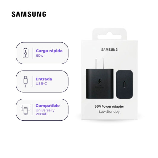 Cargador Samsung 60W Super Carga Rápida Original USB-C Negro Sin Cable
