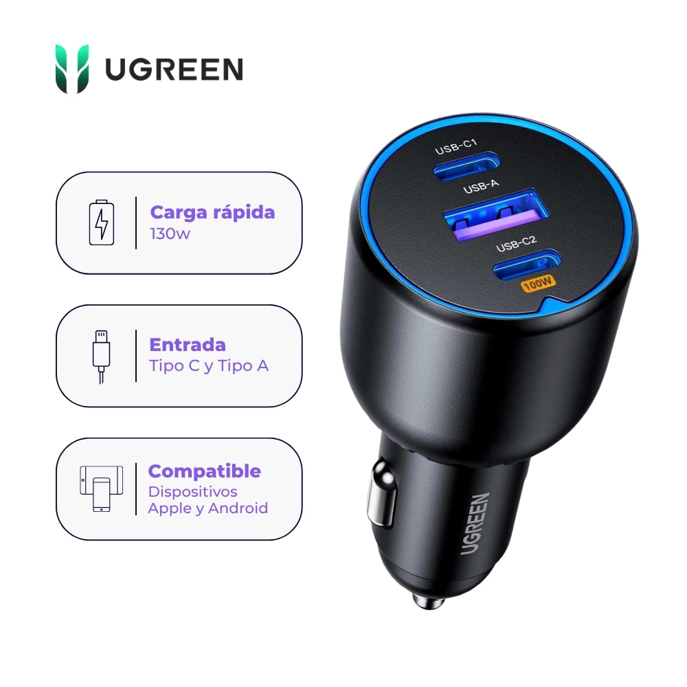 Cargador para Auto UGREEN EC705 130W 2 USB-C y 1 USB-A