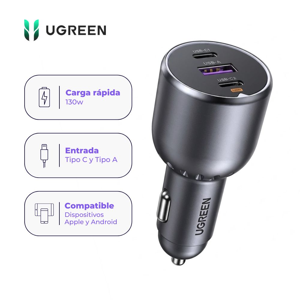 Cargador de Carro UGREEN 130W 2 USB-C + USB-A