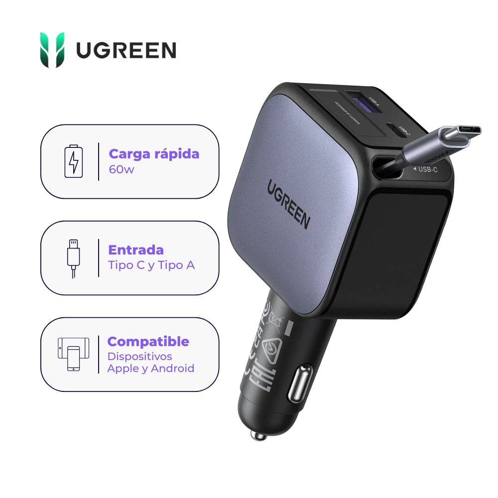 Cargador de Carro UGREEN Nexode 60W con Cable USB-C Retráctil