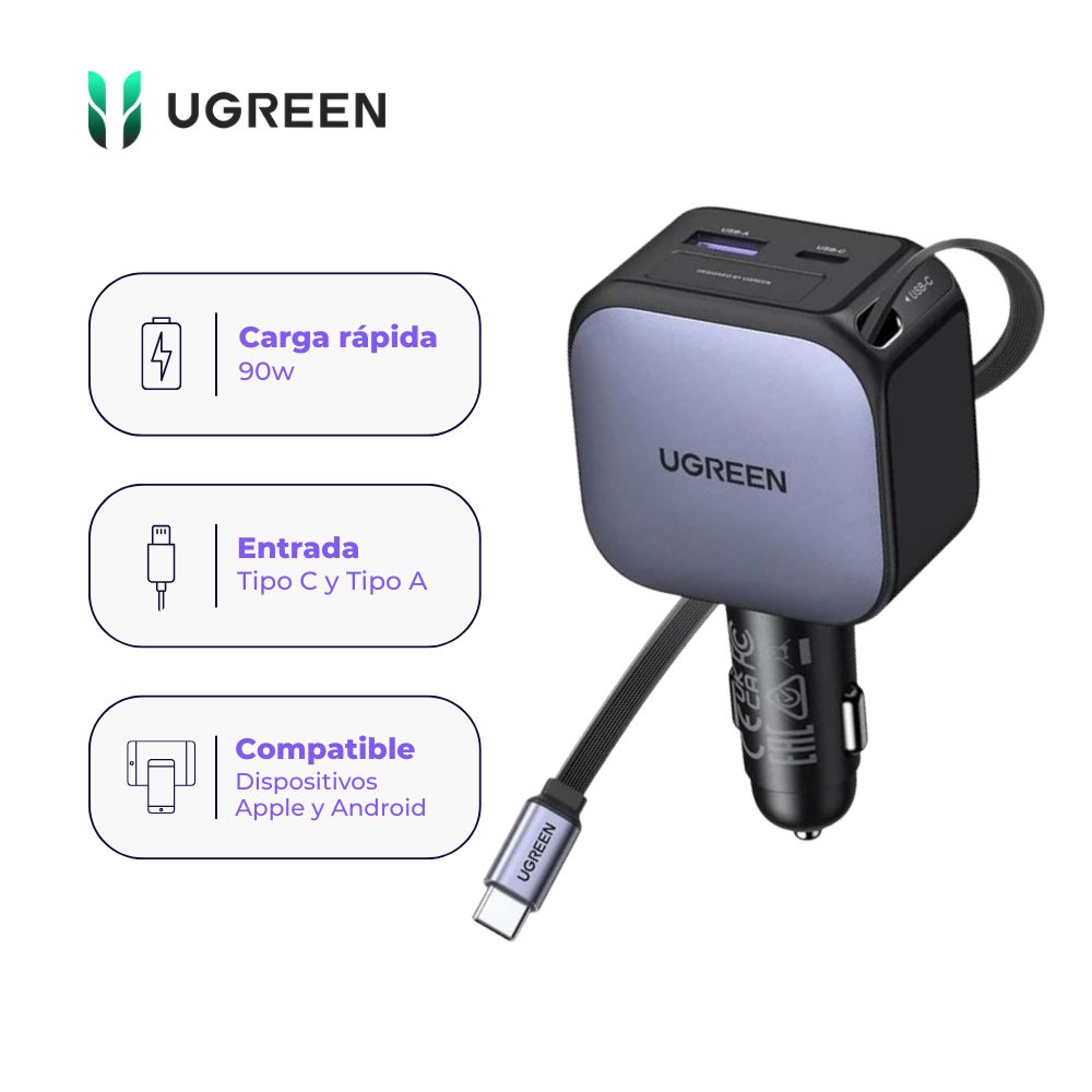 Cargador de Carro UGREEN Nexode 90W con Cable USB-C Retráctil