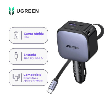 Cargador de Carro UGREEN Nexode 90W con Cable USB-C Retráctil