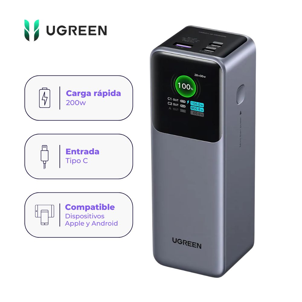Power Bank UGREEN Nexode 25000 mAh 200W con Pantalla TFT Color Gris Espacial