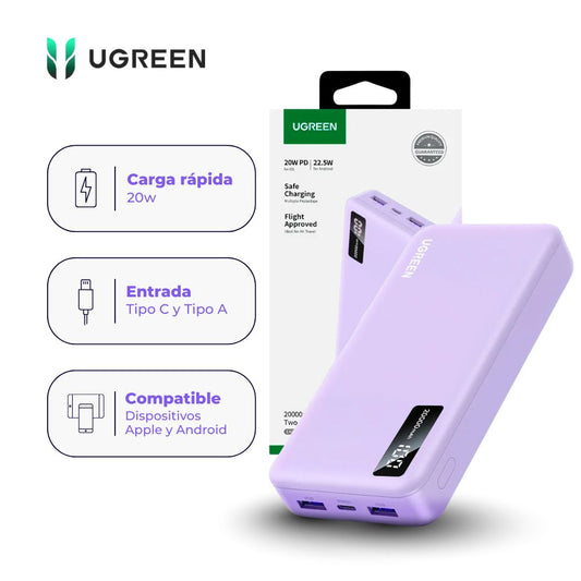 Power Bank UGREEN 20000 mAh 20W de Carga Rápida Color Lila
