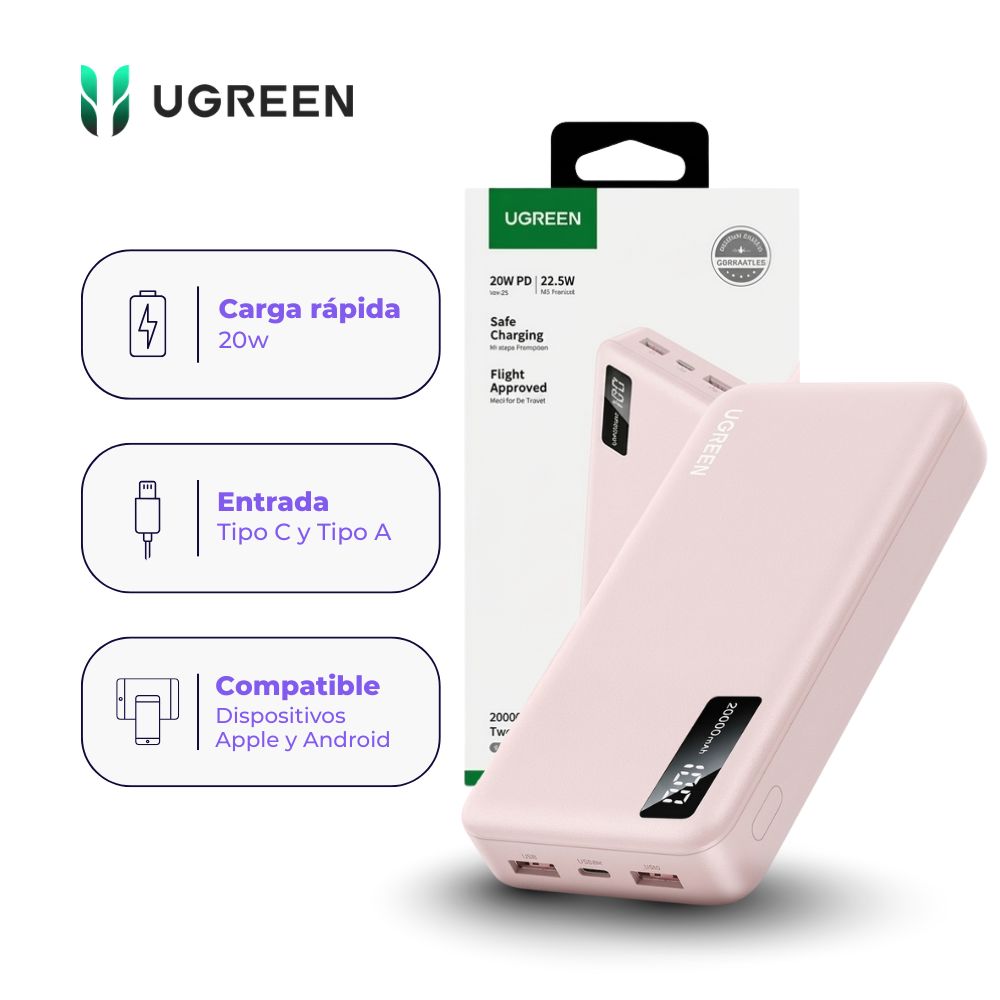Power Bank UGREEN 20000 mAh 20W de Carga Rápida Color Rosado