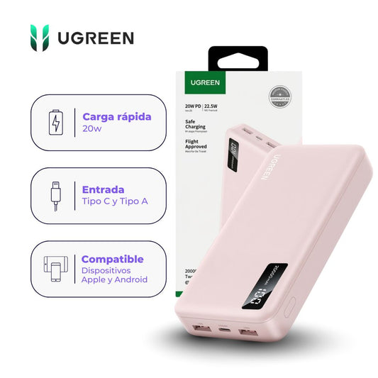 Power Bank UGREEN 20000 mAh 20W de Carga Rápida Color Rosado