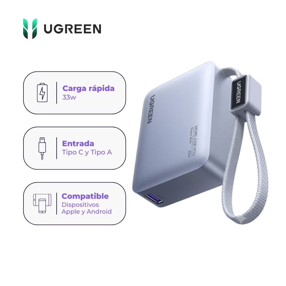 Power Bank UGREEN 10000mAh 33W USB-C con Cable Integrado