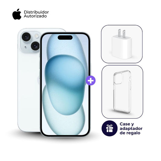 Celular iPhone 15 128GB Color Azul + Cargador Apple iPhone Tipo C de 20W + Case